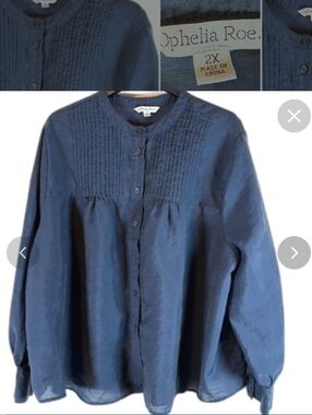 Ophelia Roe Sz 2X Blue Pleated Lyocell Button-Front Blouse